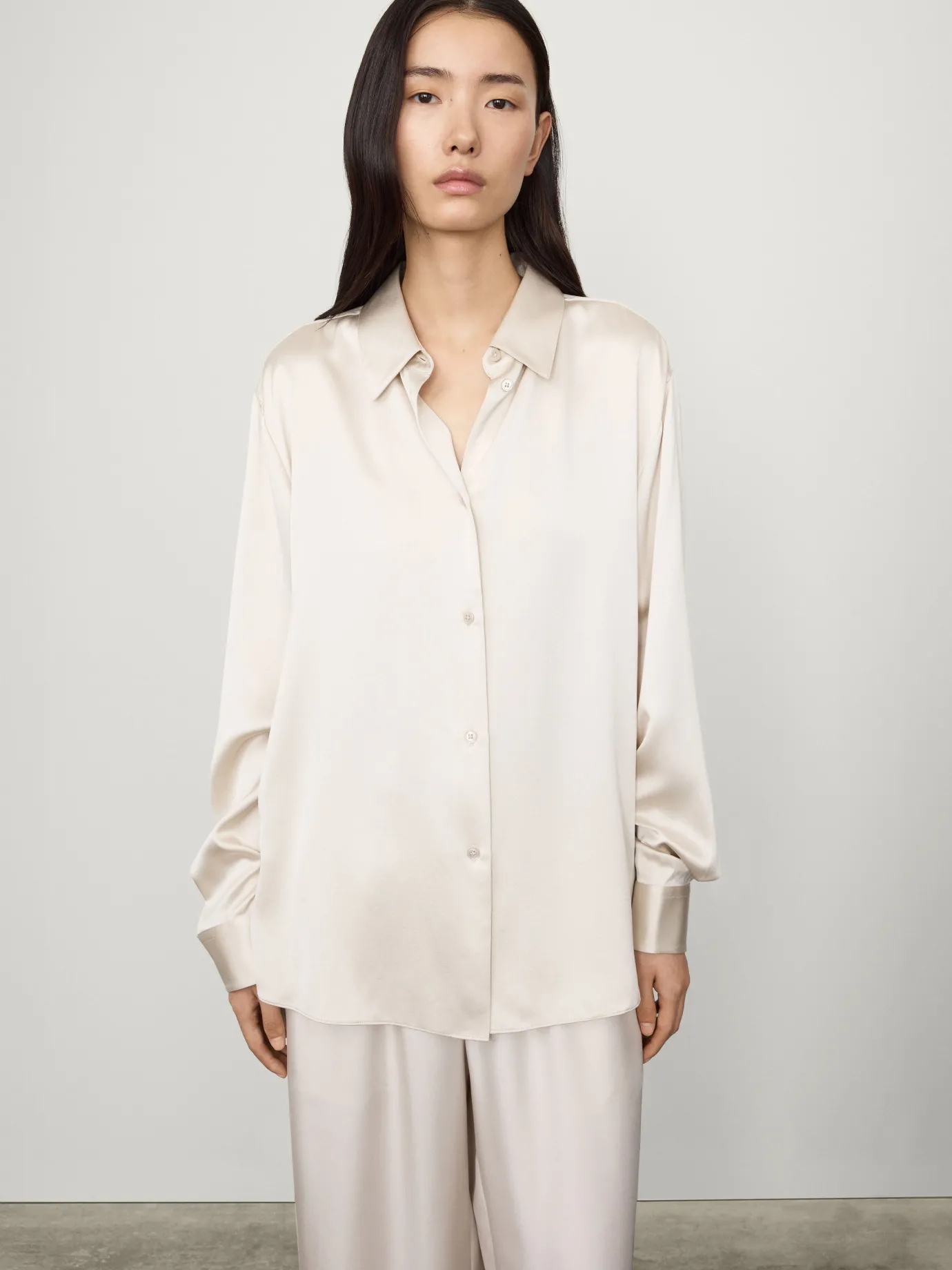 Shop LISA YANG The Long Sleeved Button-Up Shirt Champagne